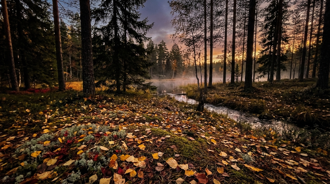Syksyinen metsäpolku väriloistossaan juoksulenkin varrella